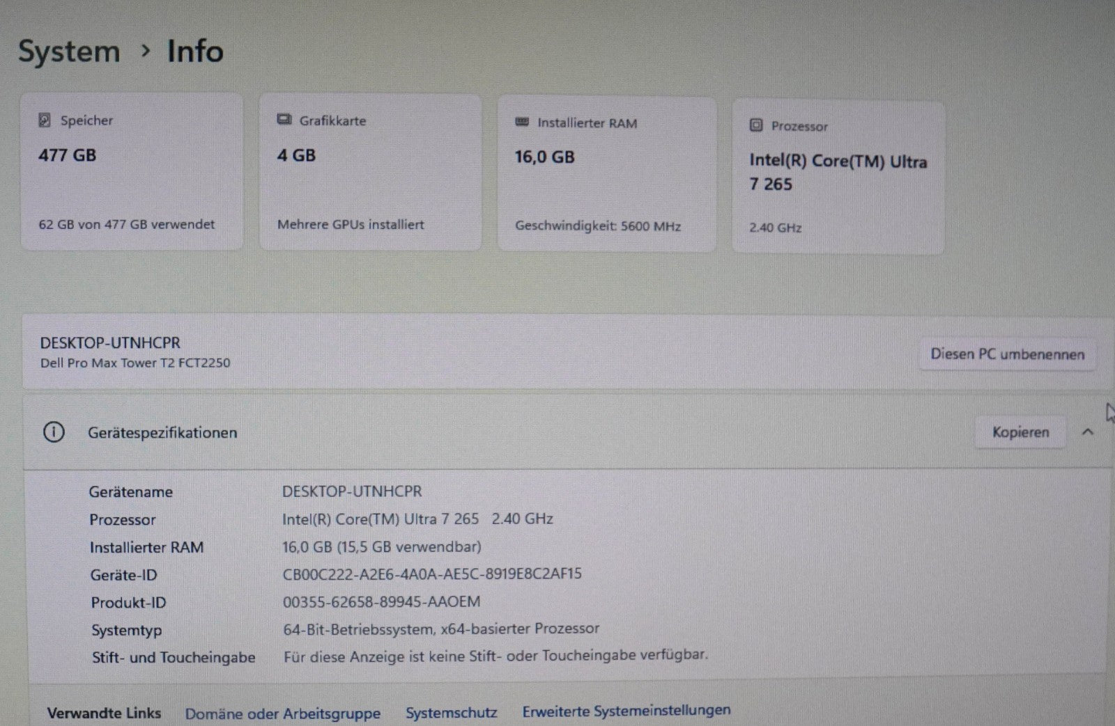 Dell Pro Max Tower T2 Ultra 7 16GB RAM 512GB SSD NVIDIA RTX A400 Ohne OFP Win11