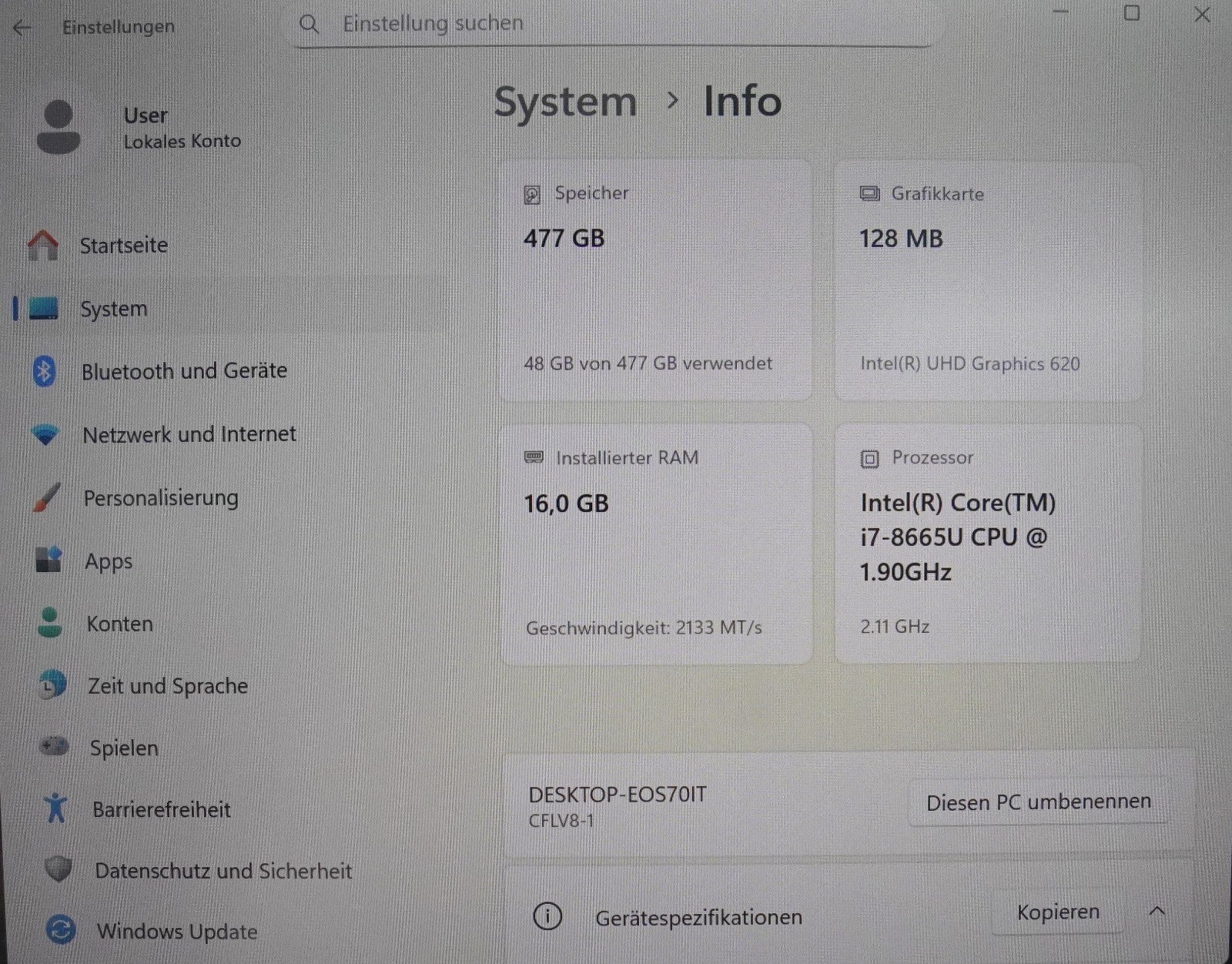 Panasonic CFLV8-1 i7-8665U 16GB RAM 512GB SSD(SATA) Intel Graphics 620 FullHD