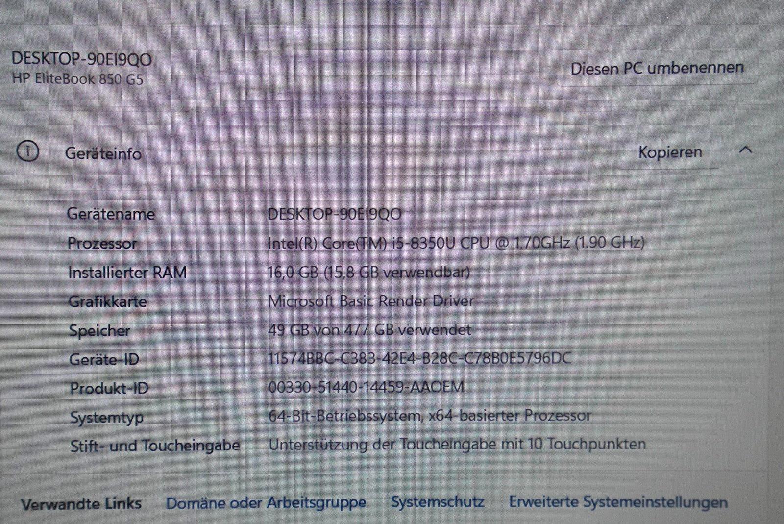 HP Elitebook 850 G5 i5-8350U 16GB RAM 512GB SSD 15,6 FullHD TOUCH Win11