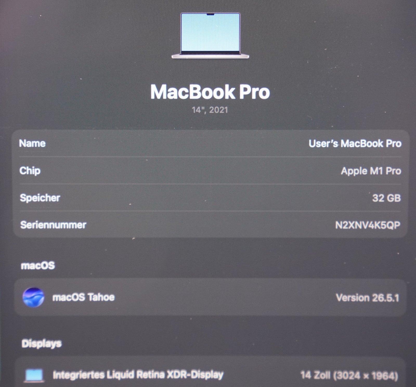 Apple MacBook Pro 14" 2021 M1 Pro 32GB RAM 512GB SSD Liquid Retina XDR OS Tahoe