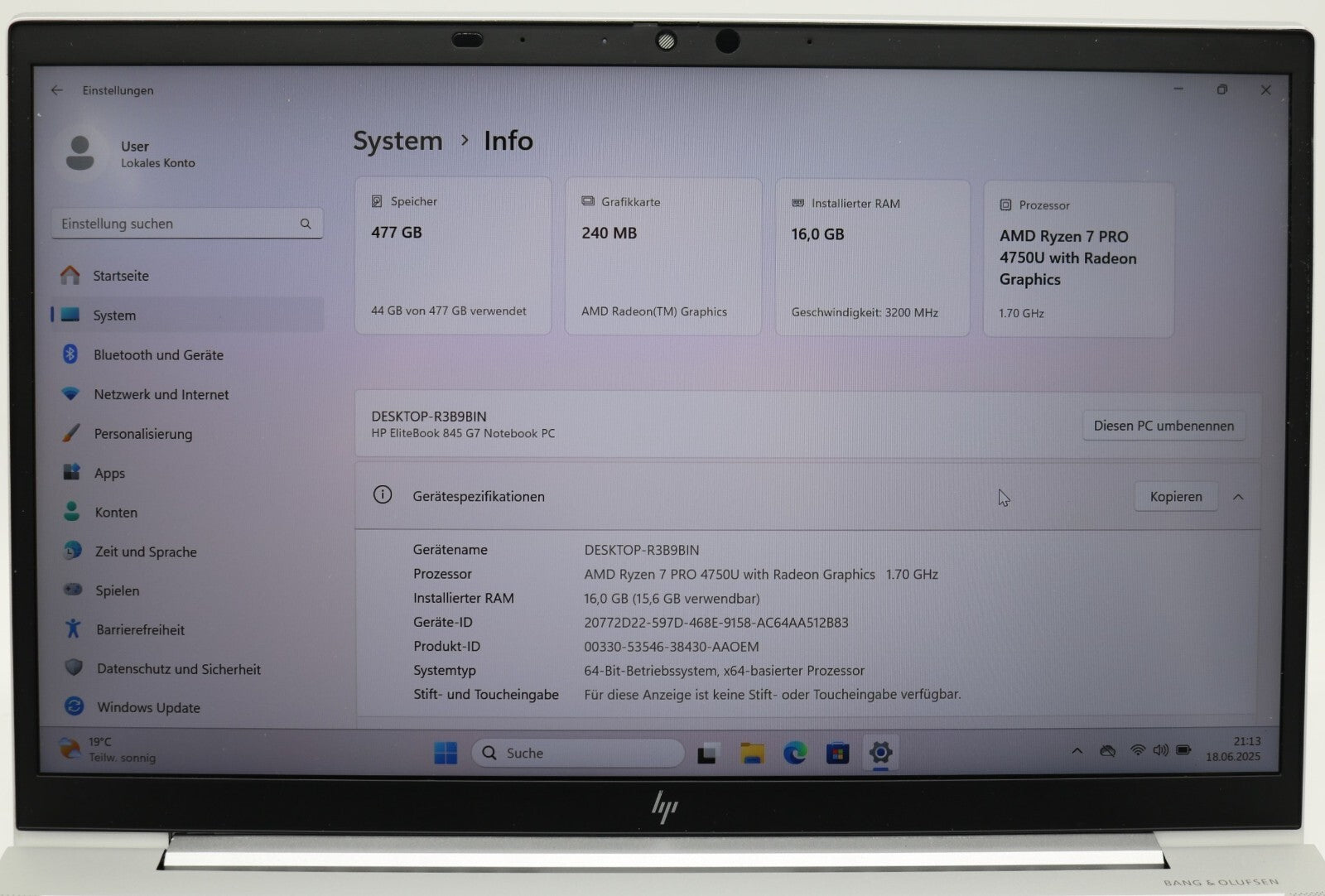 HP Elitebook 845 G7 AMD Ryzen 7 PRO 4750U 16GB RAM 512GB SSD 14 FullHD Win11 #77