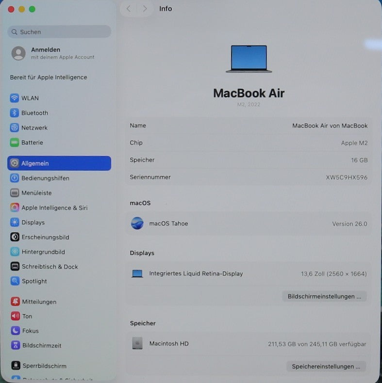 Apple MacBook Air 13.6″ (2022) – Apple M2 16 GB RAM 256 GB SSD macOS Tahoe #Q1