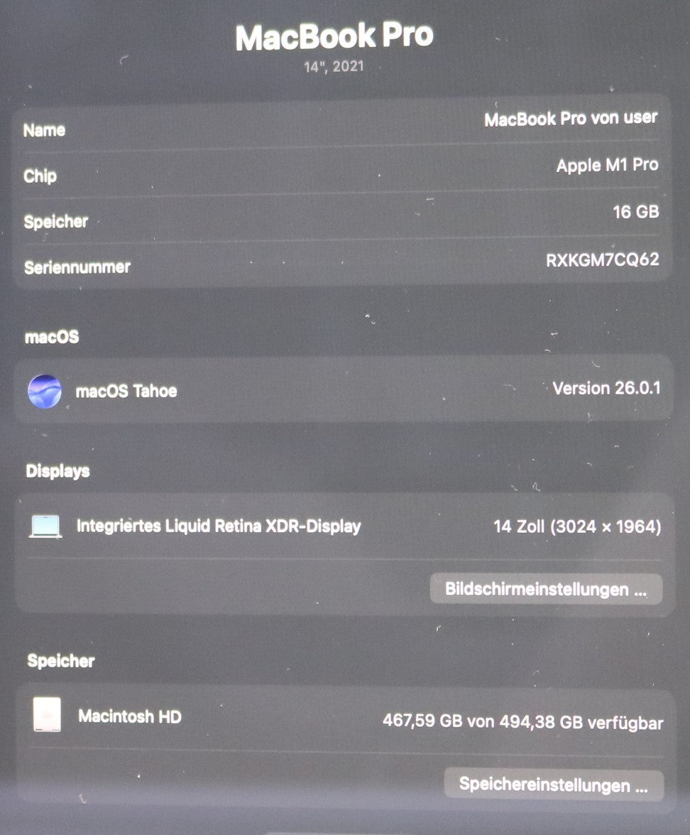 Apple MacBook Pro 14″ (2021) – Apple M1 Pro 16 GB RAM  512 GB macOS Tahoe #103