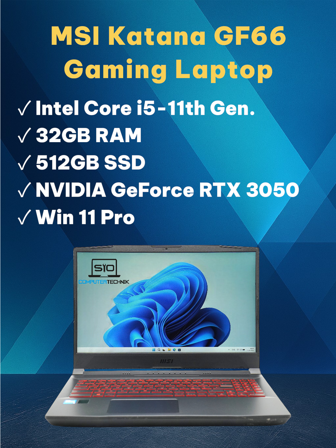 MSI Katana GF66 11UC Gaming Laptop i5-11400H 32GB RAM 512GB SSD RTX 3050 QWERTY