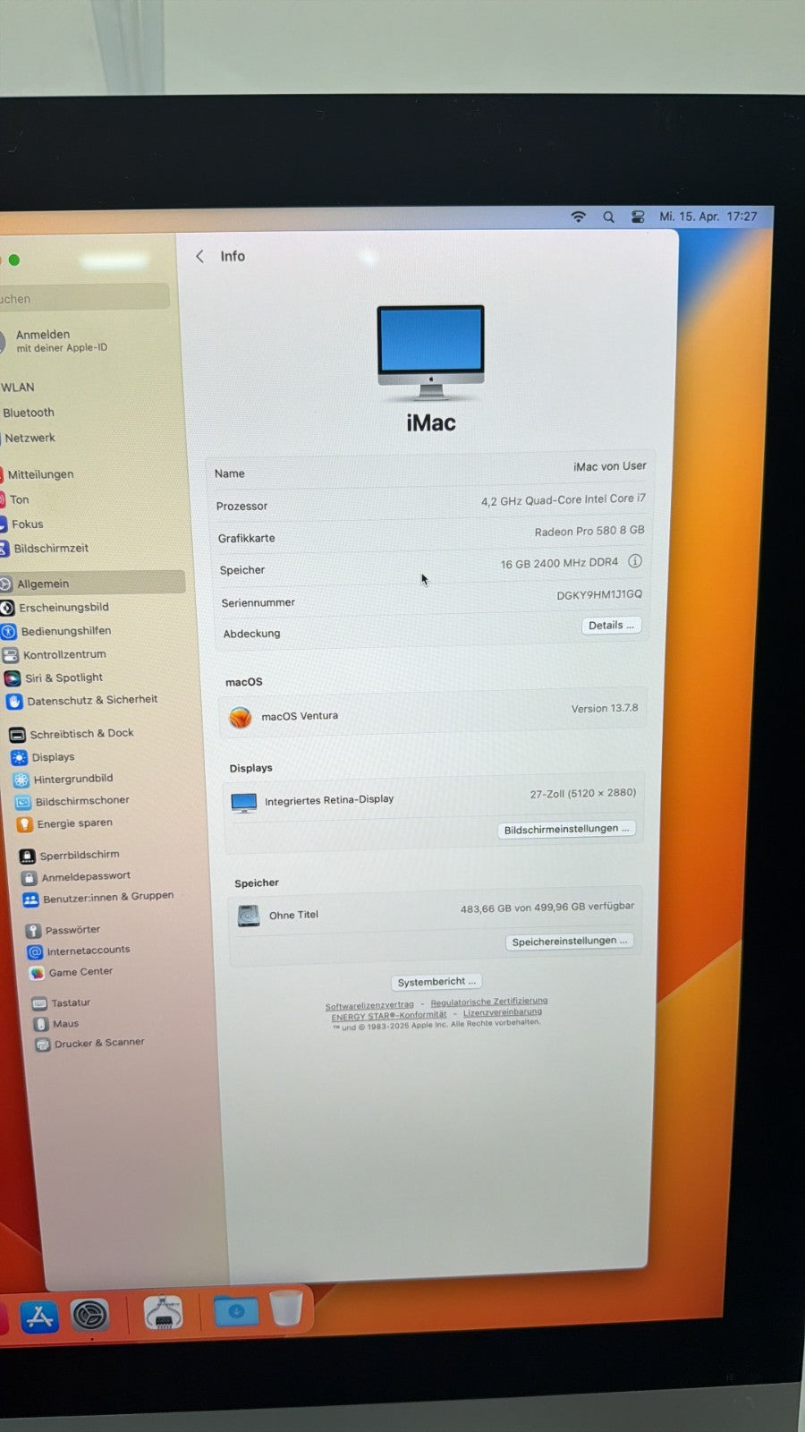 Apple iMac 27 2017 i7 32GB 512GB SSD Radeon Pro 580 5K macOS Ventura
